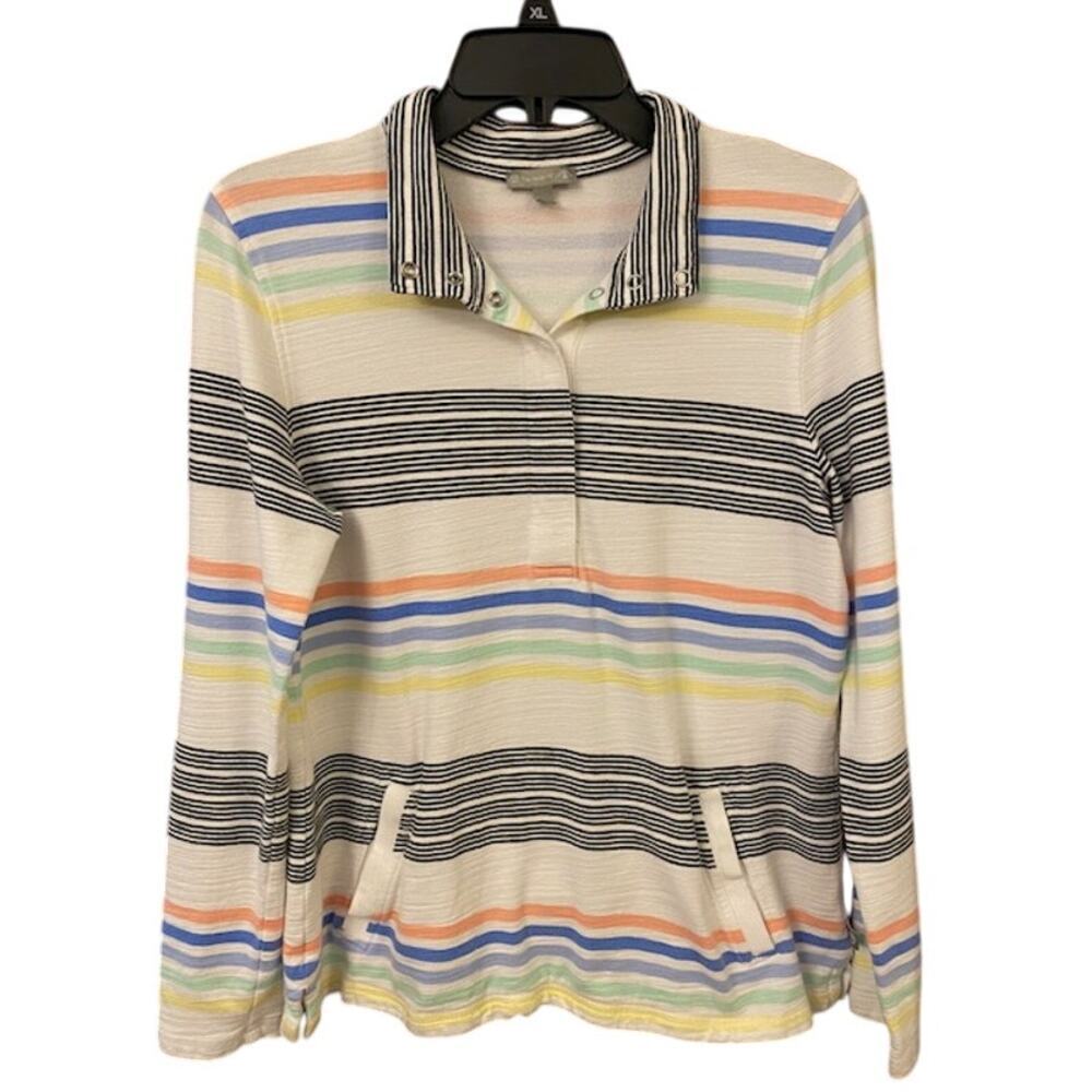 T byTalbots Pullover Women's S Gray Blue Stripe 1/4 Snap Pockets UPF 50